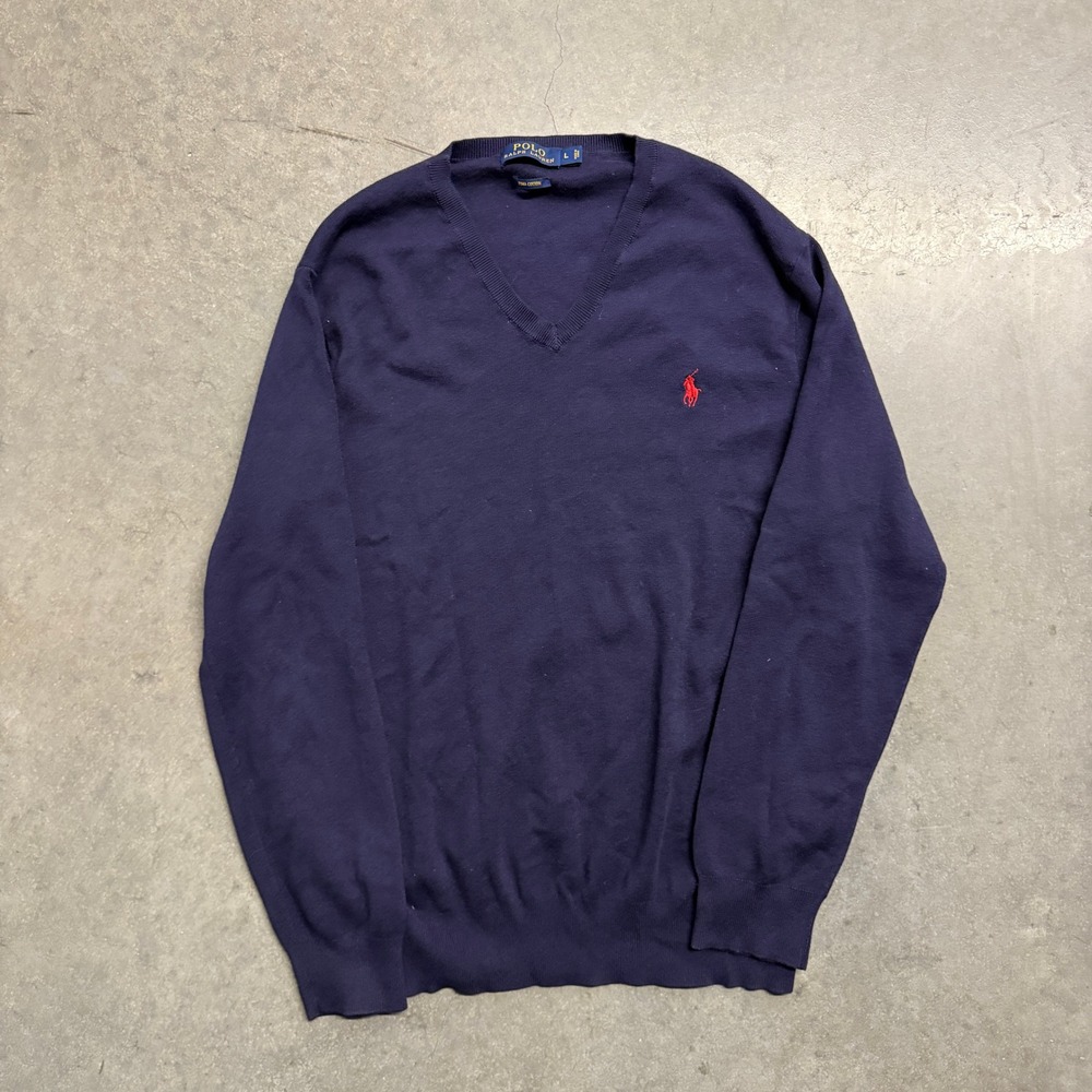 Polo Ralph Lauren Mens Large Navy Blue Pima Cotton V-Neck Pony Logo Sweater